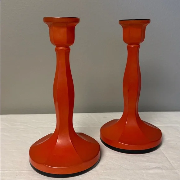 Vintage Orange Glass Candlestick Holders Set of 2 Mid Century Modern - Picture 2 of 7